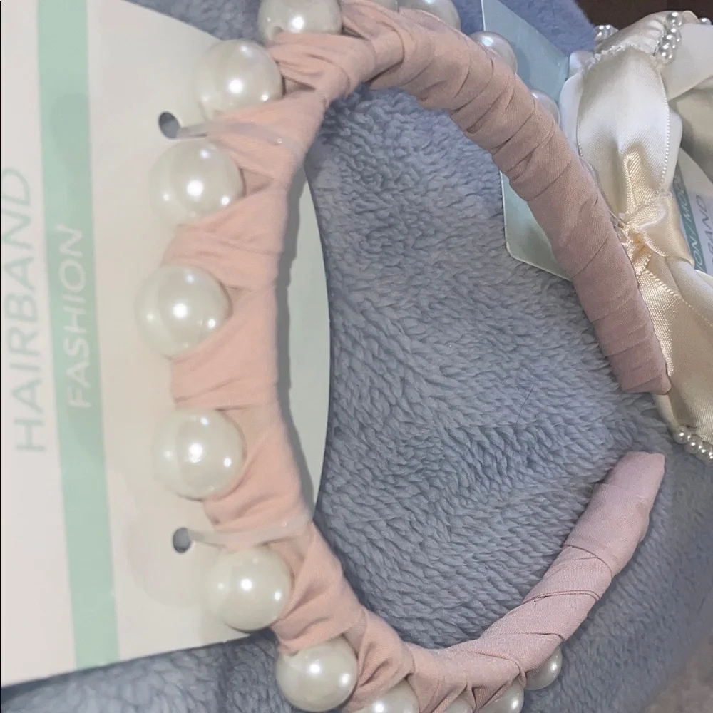Pearl Embellished Headband Set Cream and Pink